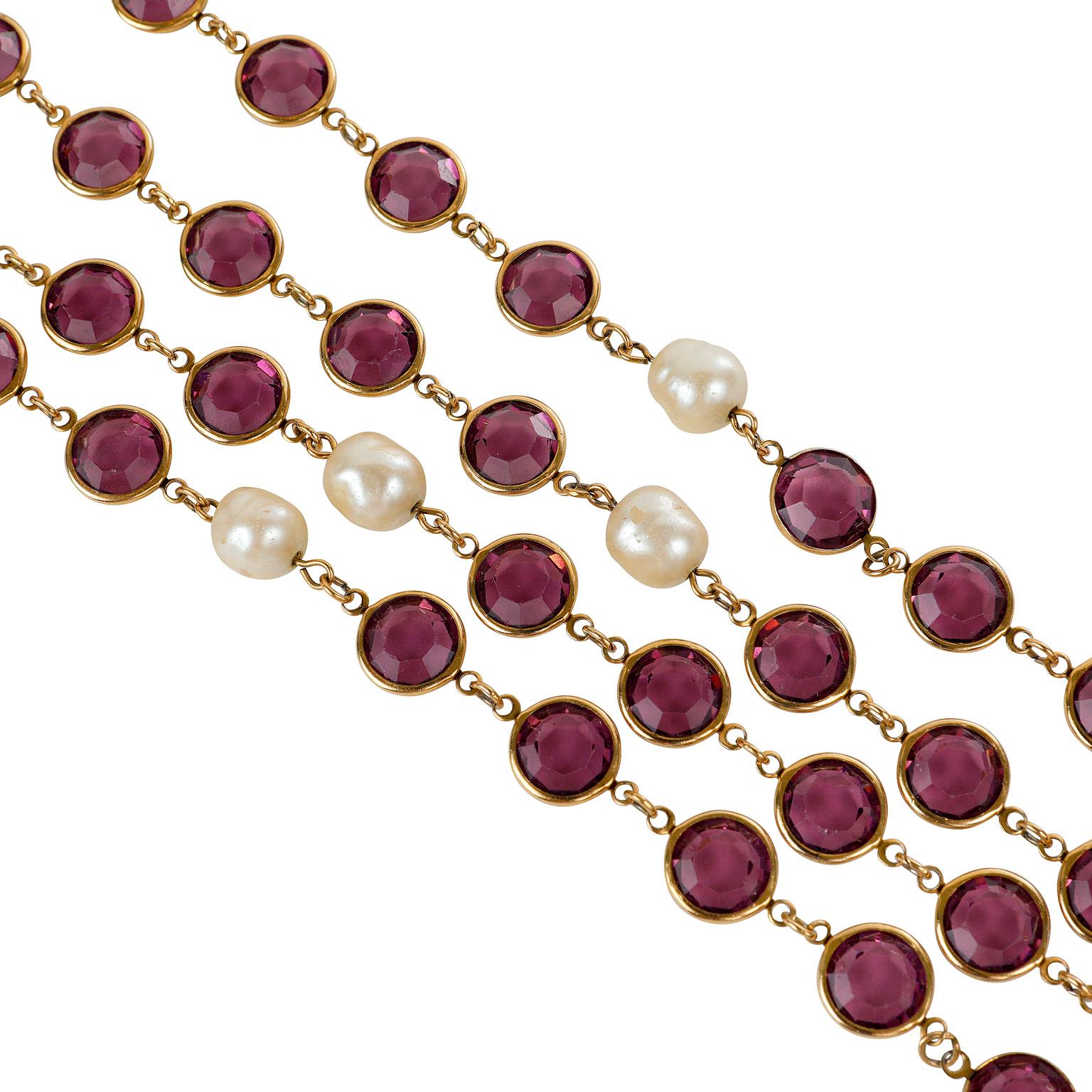 Women's Chanel Vintage Pearl and Purple Crystal Satoir Necklace For Sale