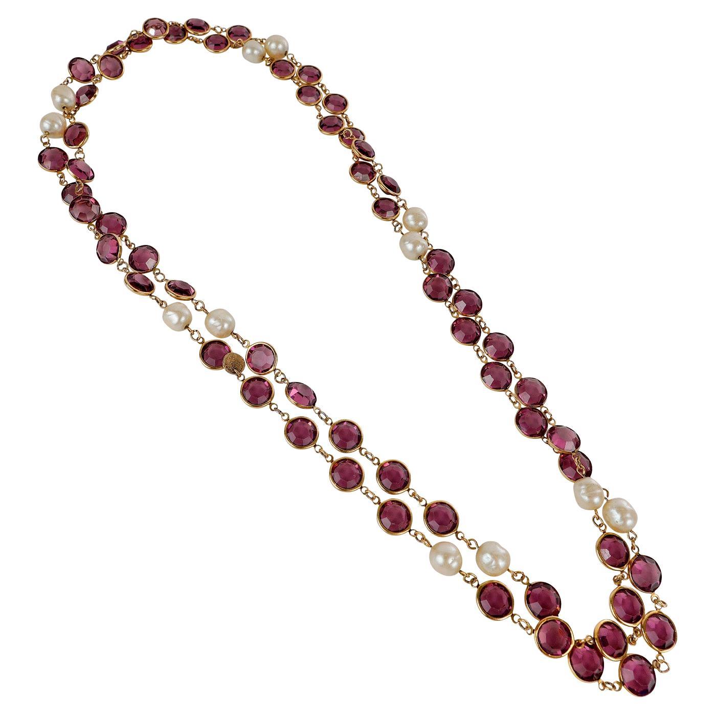 Chanel Vintage Pearl and Purple Crystal Satoir Necklace