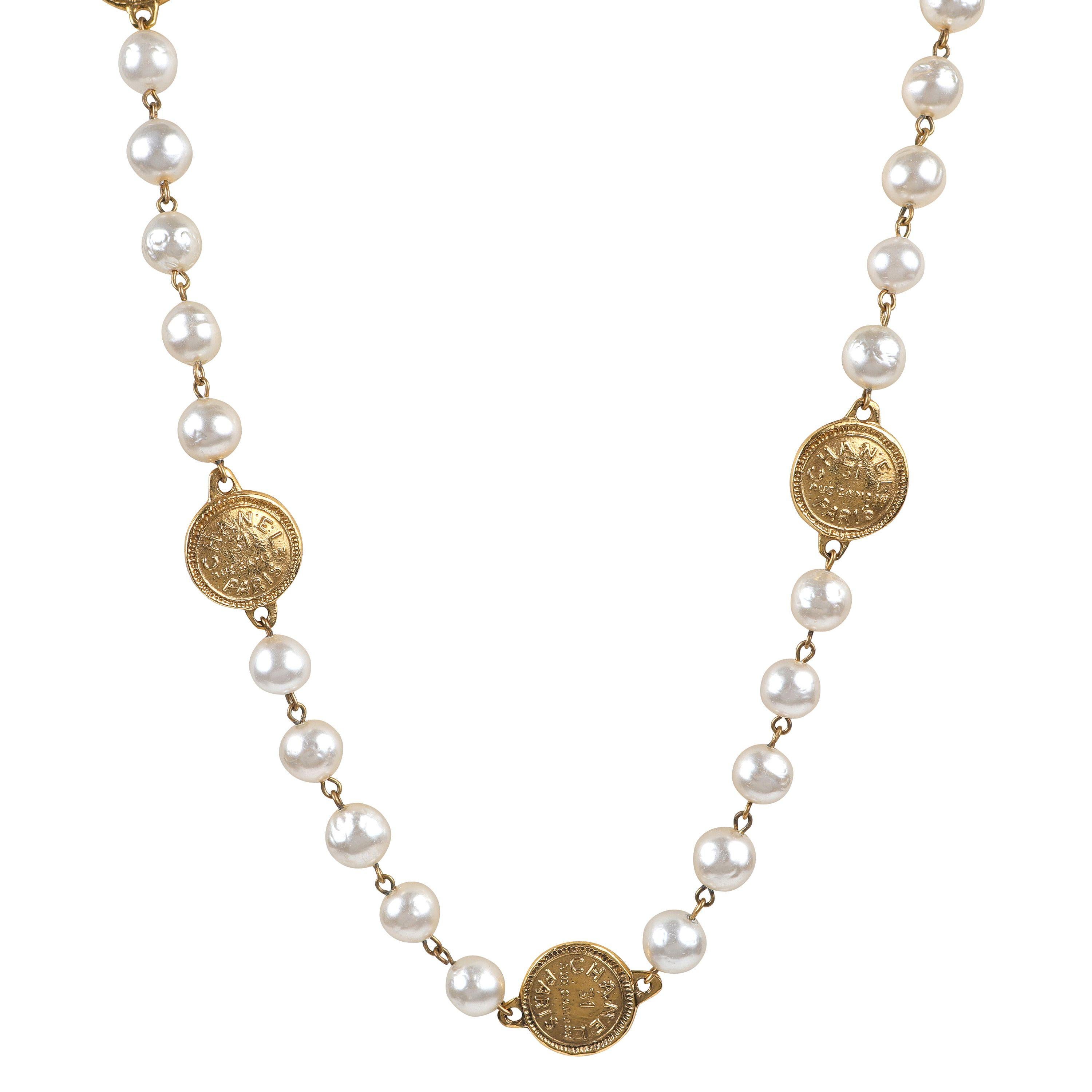 Chanel Vintage Pearl and Rue Cambon Coin Necklace In Good Condition In Palm Beach, FL