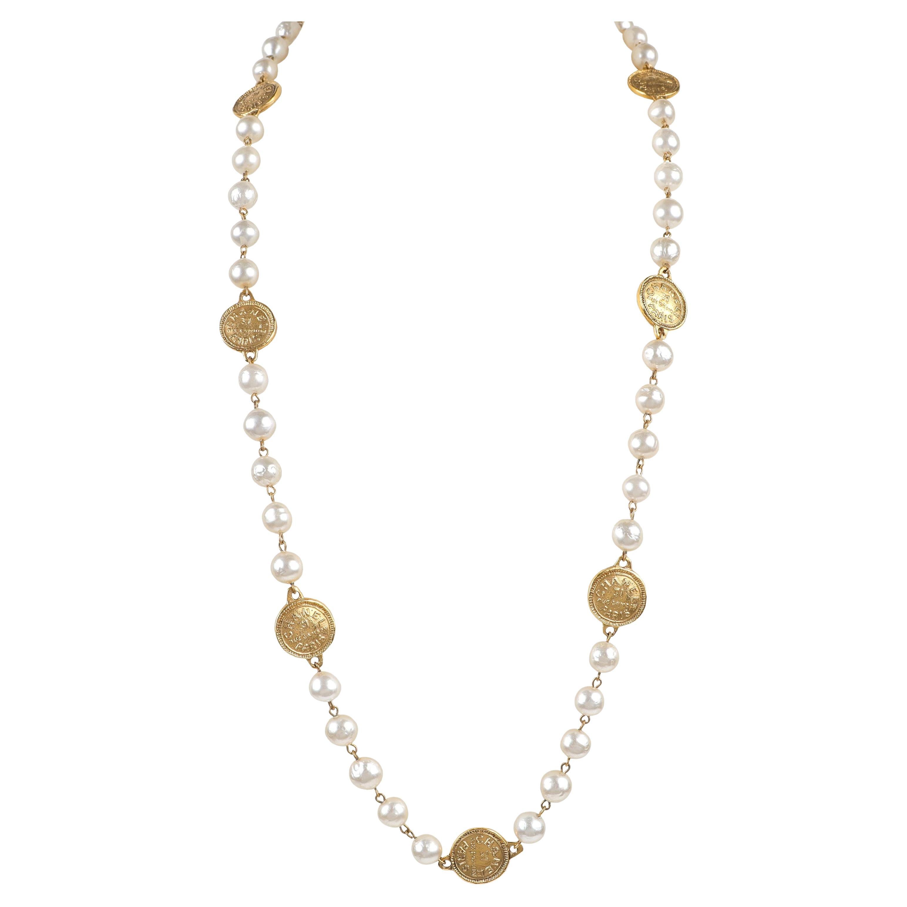 Chanel Vintage Pearl and Rue Cambon Coin Necklace