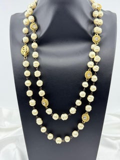 Chanel Vintage Pearl Crystal and Gold CC Station Necklace