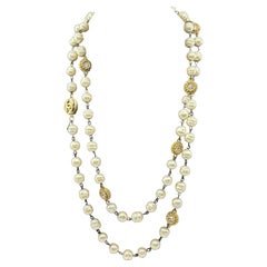 Chanel Vintage Pearl Crystal and Gold CC Station Necklace