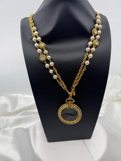 Chanel Vintage Pearl Crystal Magnifying Glass Pendant Necklace XL