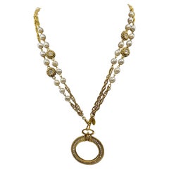 Chanel Vintage Pearl Crystal Magnifying Glass Pendant Necklace XL