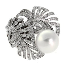 Chanel Vintage Pearl Diamond 18k White Gold Cocktail Ring Sz 6