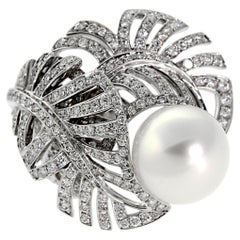 Chanel Vintage Pearl Diamond 18k White Gold Cocktail Ring Sz 6