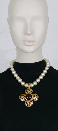 Chanel Vintage Pearl Necklace Openwork Cross Pendant Red Gripoix Cabochon