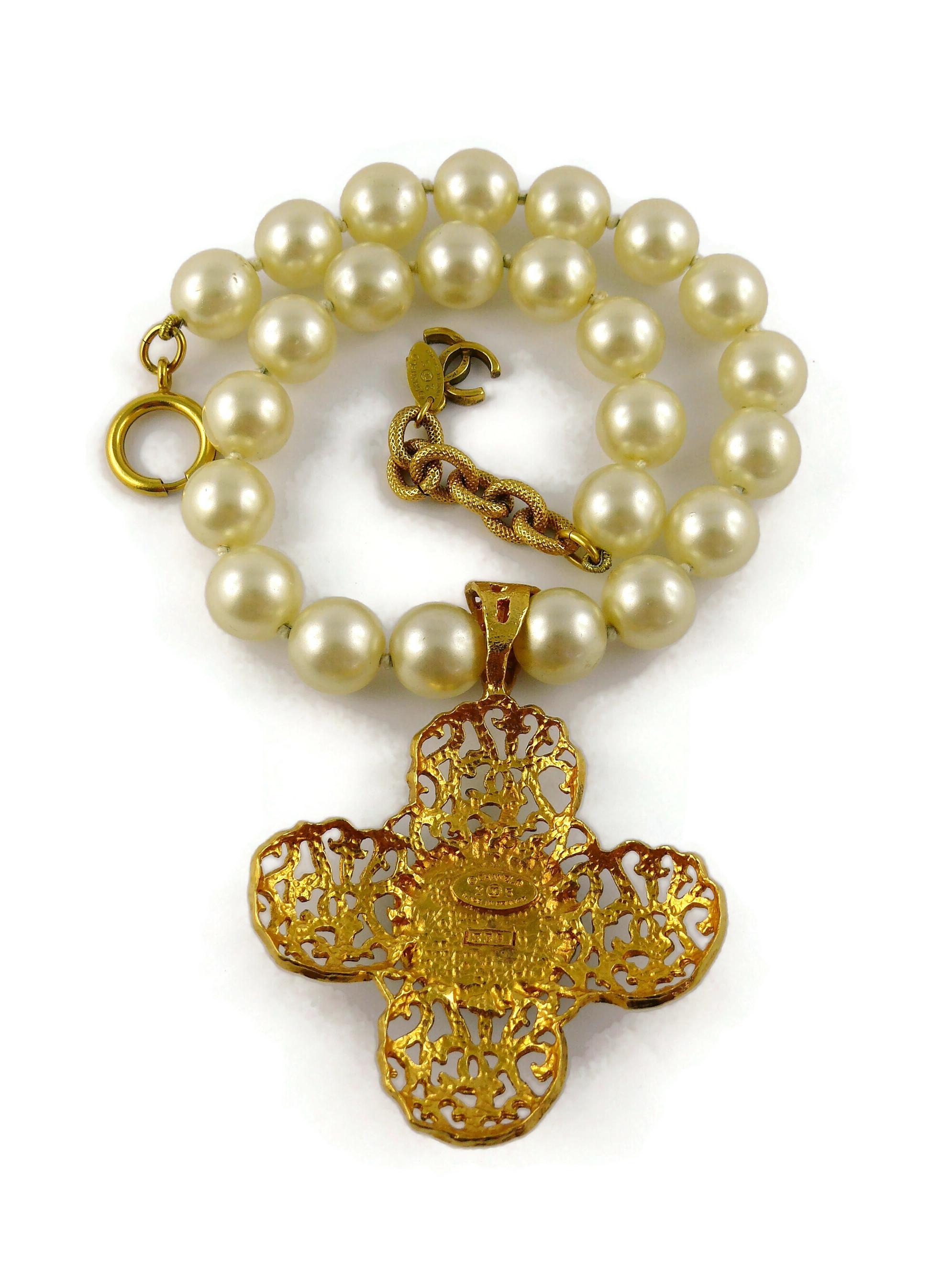 Chanel Vintage Pearl Necklace Openwork Cross Pendant Red Gripoix Cabochon For Sale 2