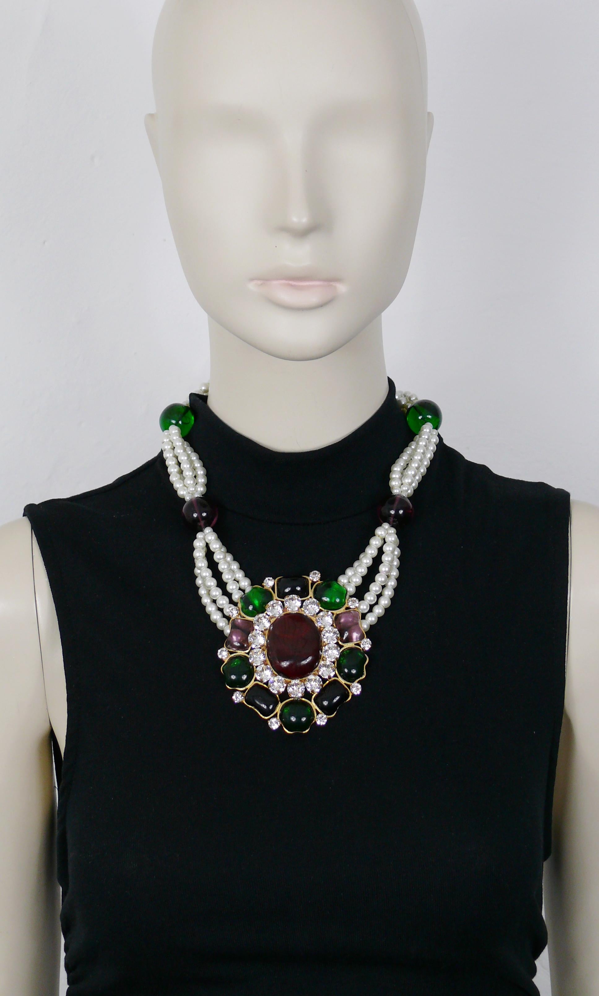 CHANEL vintage faux pearl, green and purple glass bead necklace featuring a stunning massive stylized flower centerpiece embellished with MAISON GRIPOIX multicolored (green, light purple, purple and red) poured glass cabochons and clear