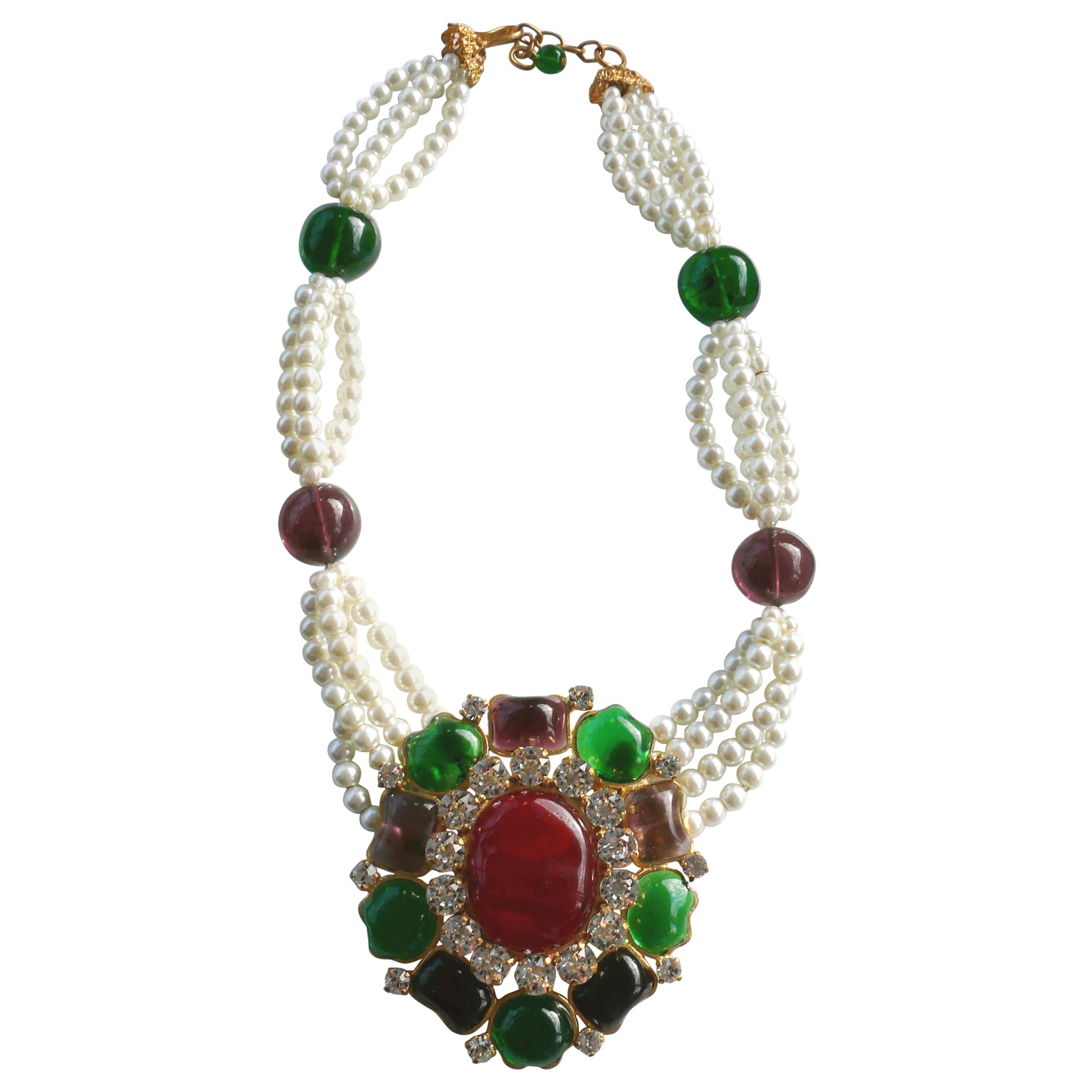 Chanel Vintage Pearl Necklace with Massive Gripoix Jewelled Flower Centerpiece