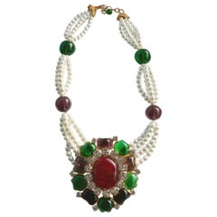 Chanel Vintage Pearl Necklace with Massive Gripoix Jewelled Flower Centerpiece