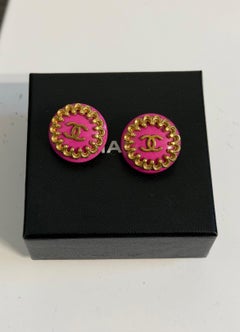 CHANEL Vintage Pink CC Gold Accent Clip On Stud Earrings