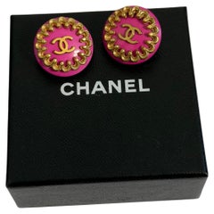 CHANEL Vintage Pink CC Gold Accent Clip On Stud Earrings