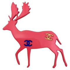 Chanel Vintage Pink Fuchsia Reindeer CC Logos Brooch Pin
