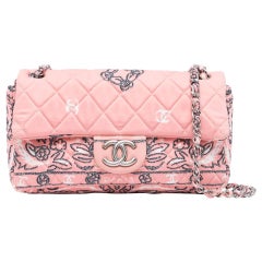 Chanel Vintage Pink Quilted Flower Print Classic Flap Shoulder Bag