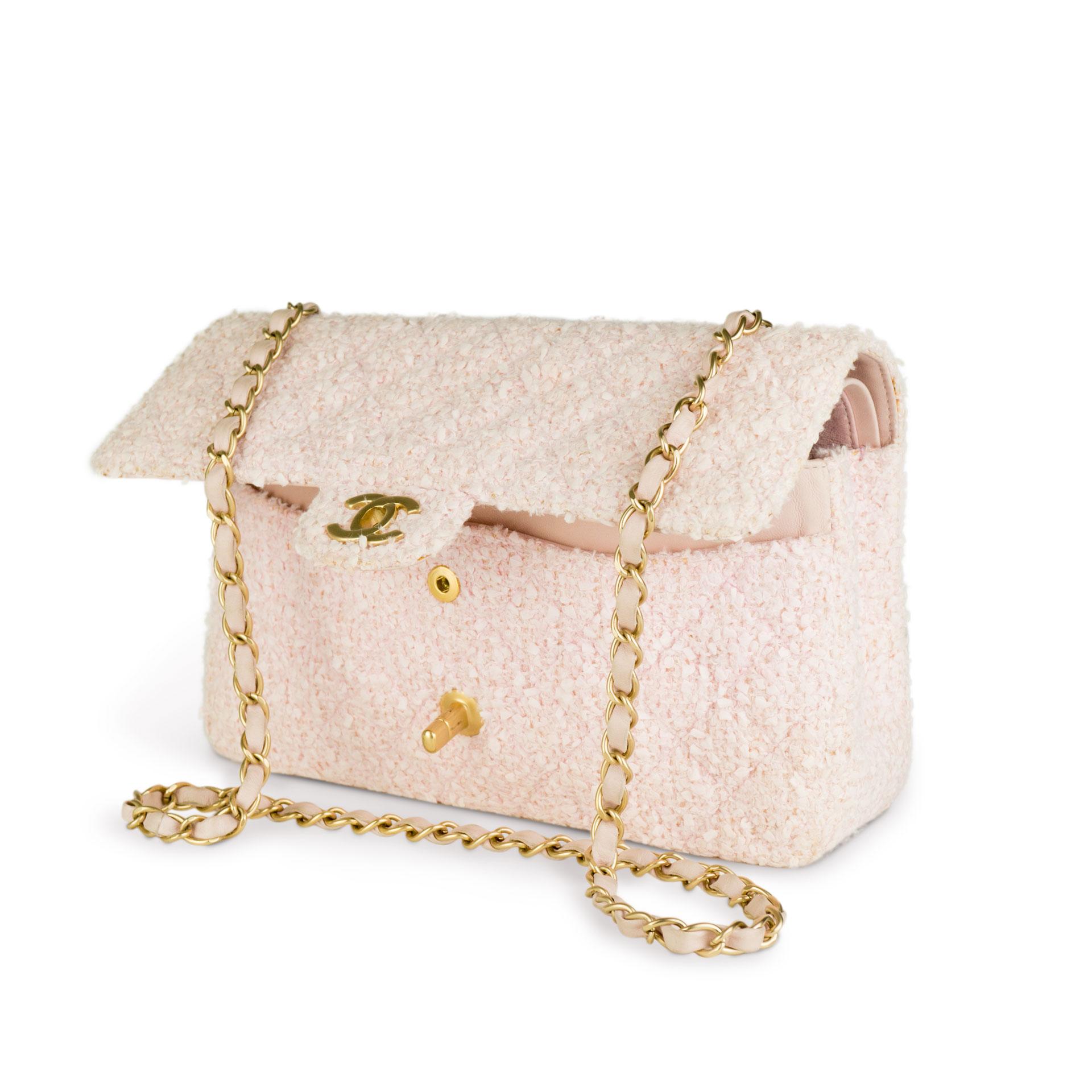 Chanel Vintage Pink Tweed Medium Classic Soft Pink Flap Bag For Sale 3