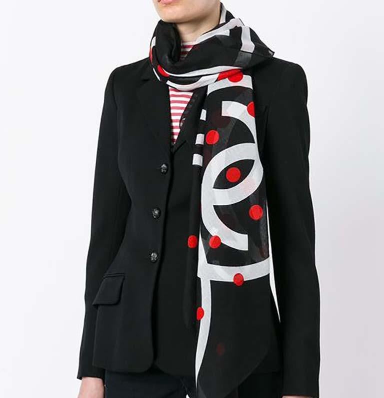 Black Chanel Vintage polka dot logo scarf