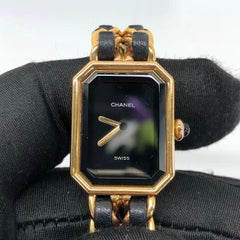 CHANEL Vintage PREMIERE Watch Black Leather and 24KT Yellow Gold Plated L Size