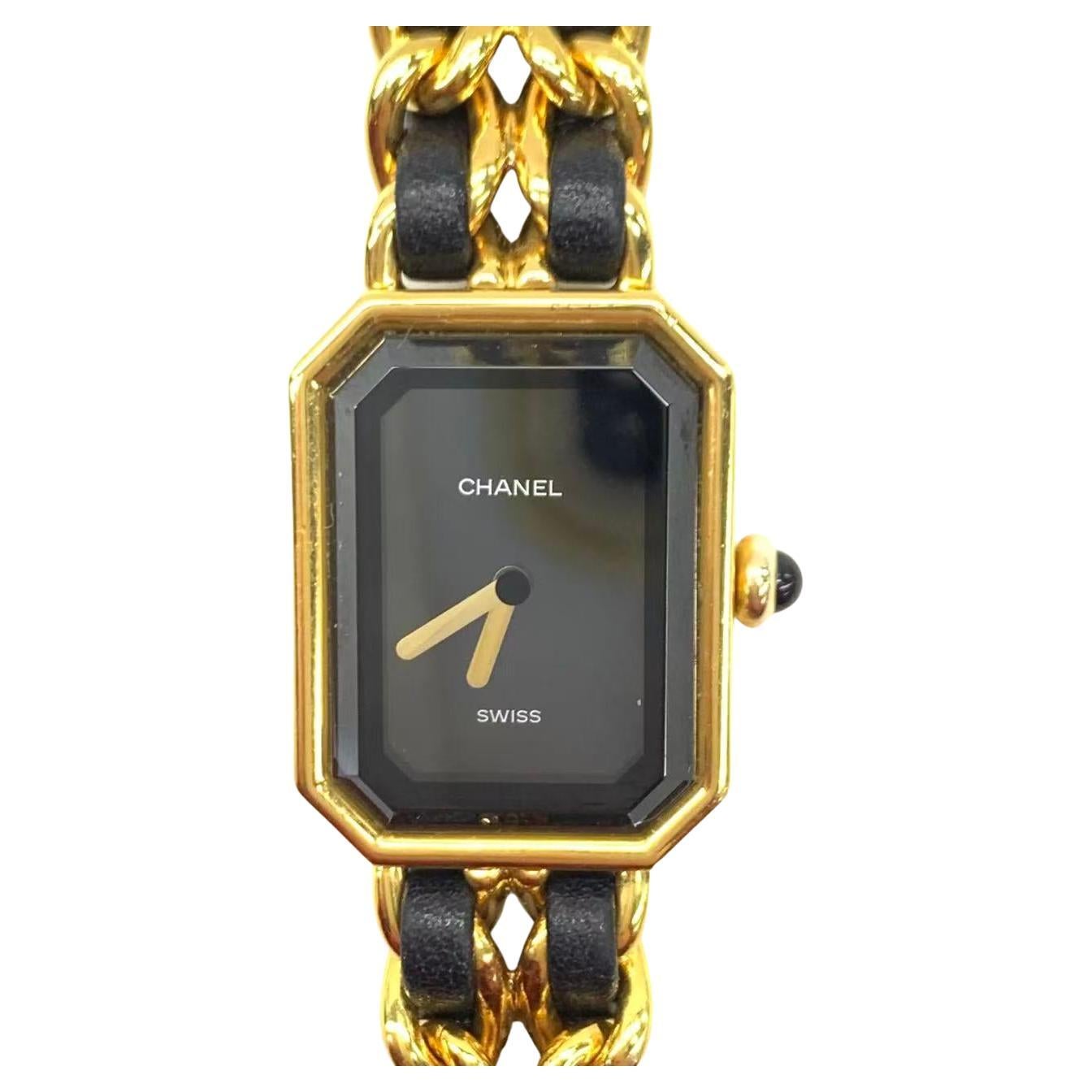 Chanel Vintage PREMIERE Orologio in pelle nera e placcato oro giallo 24KT Taglia L.