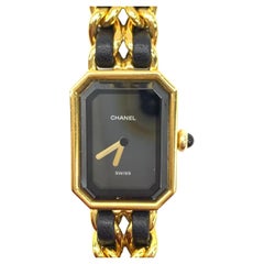 CHANEL Vintage PREMIERE Watch Black Leather and 24KT Yellow Gold Plated L Size