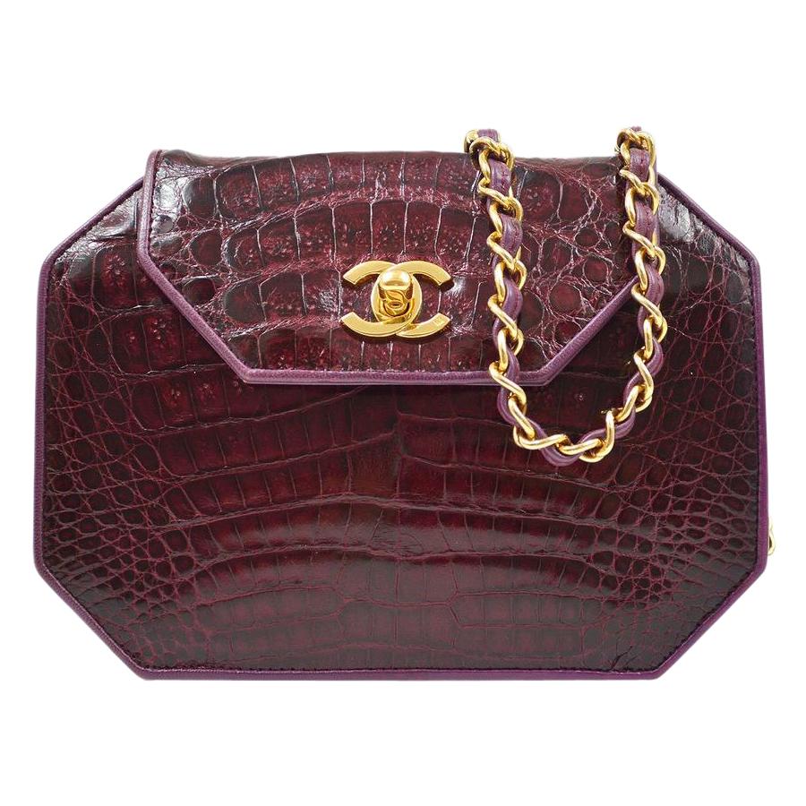 Chanel Vintage Purple Crocodile Exotic Gold Small Mini Evening Shoulder Bag