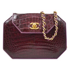 Chanel Retro Purple Crocodile Exotic Gold Small Mini Evening Shoulder Bag