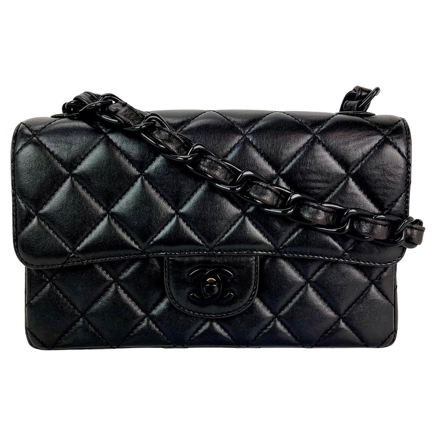 Chanel Vintage Quilted Lambskin Black Resin Chain Small Classic Single Flap Bag