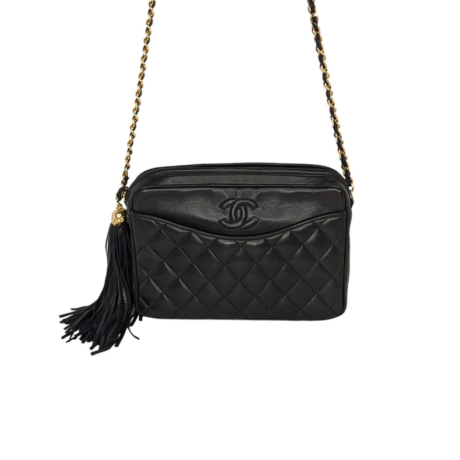 Black Chanel Vintage Quilted Lambskin CC Camera Tassel Bag