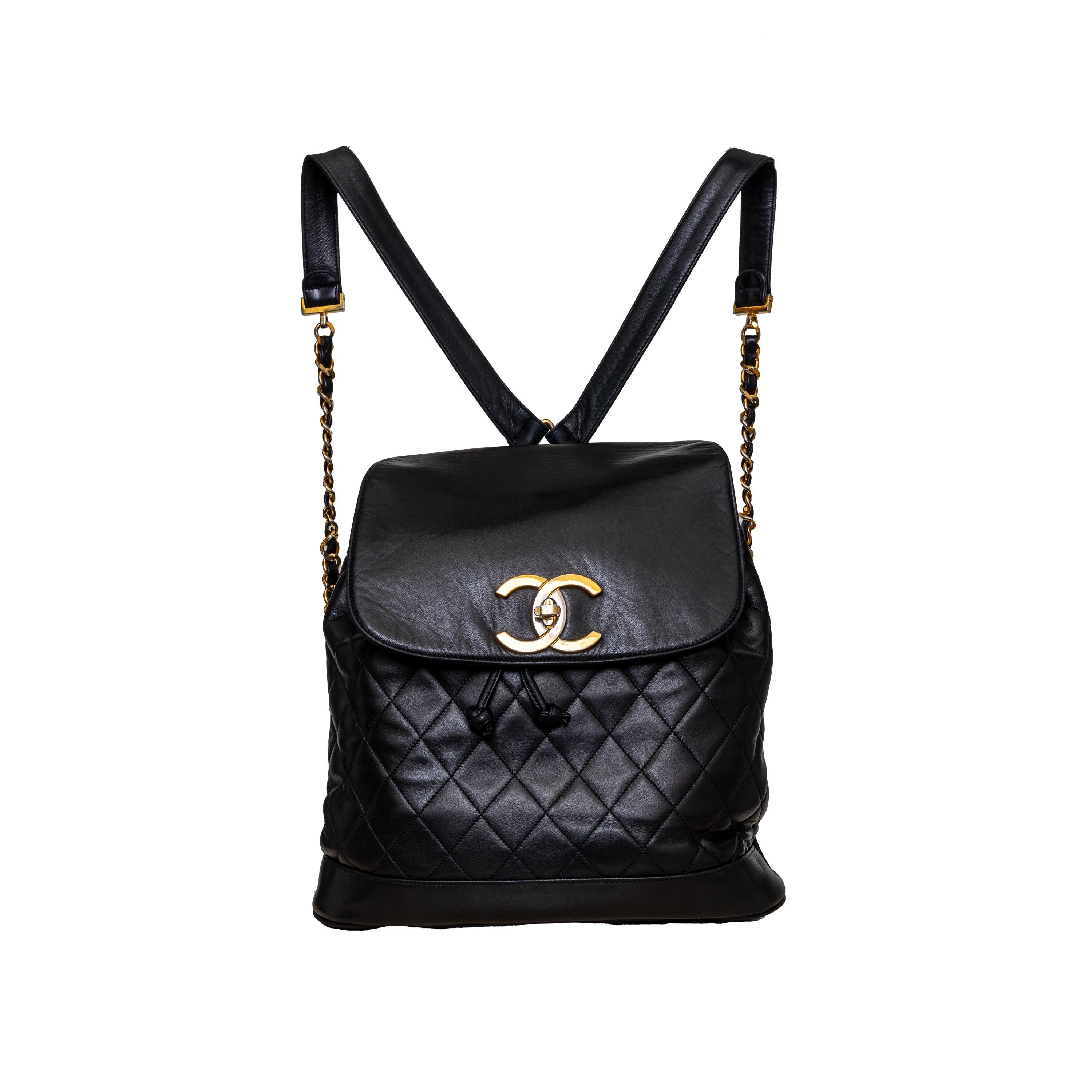 Black Chanel Vintage Quilted Lambskin Drawstring Backpack - '90s