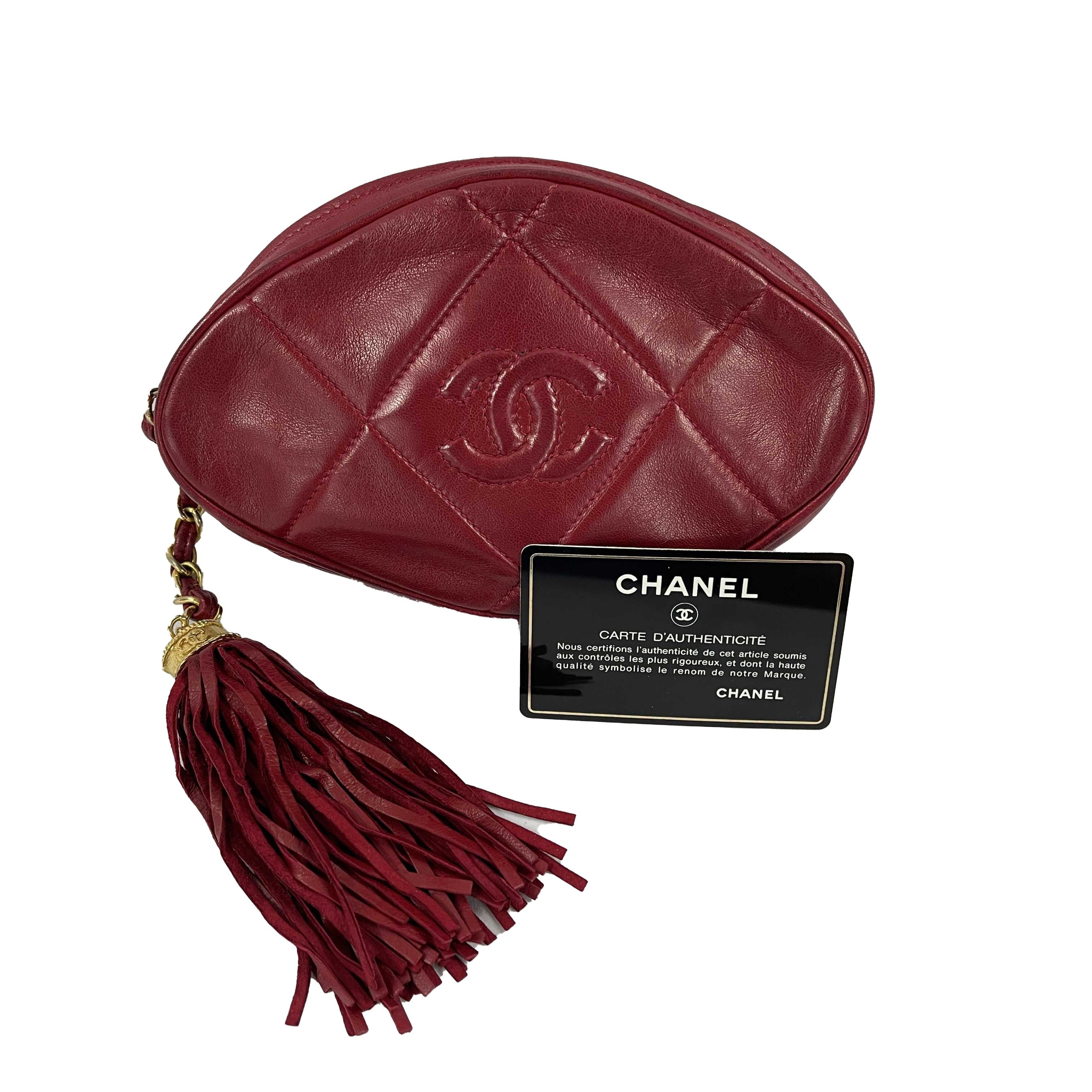 CHANEL Vintage Quilted Leather CC Oval Red / Gold Tassel Clutch 2
