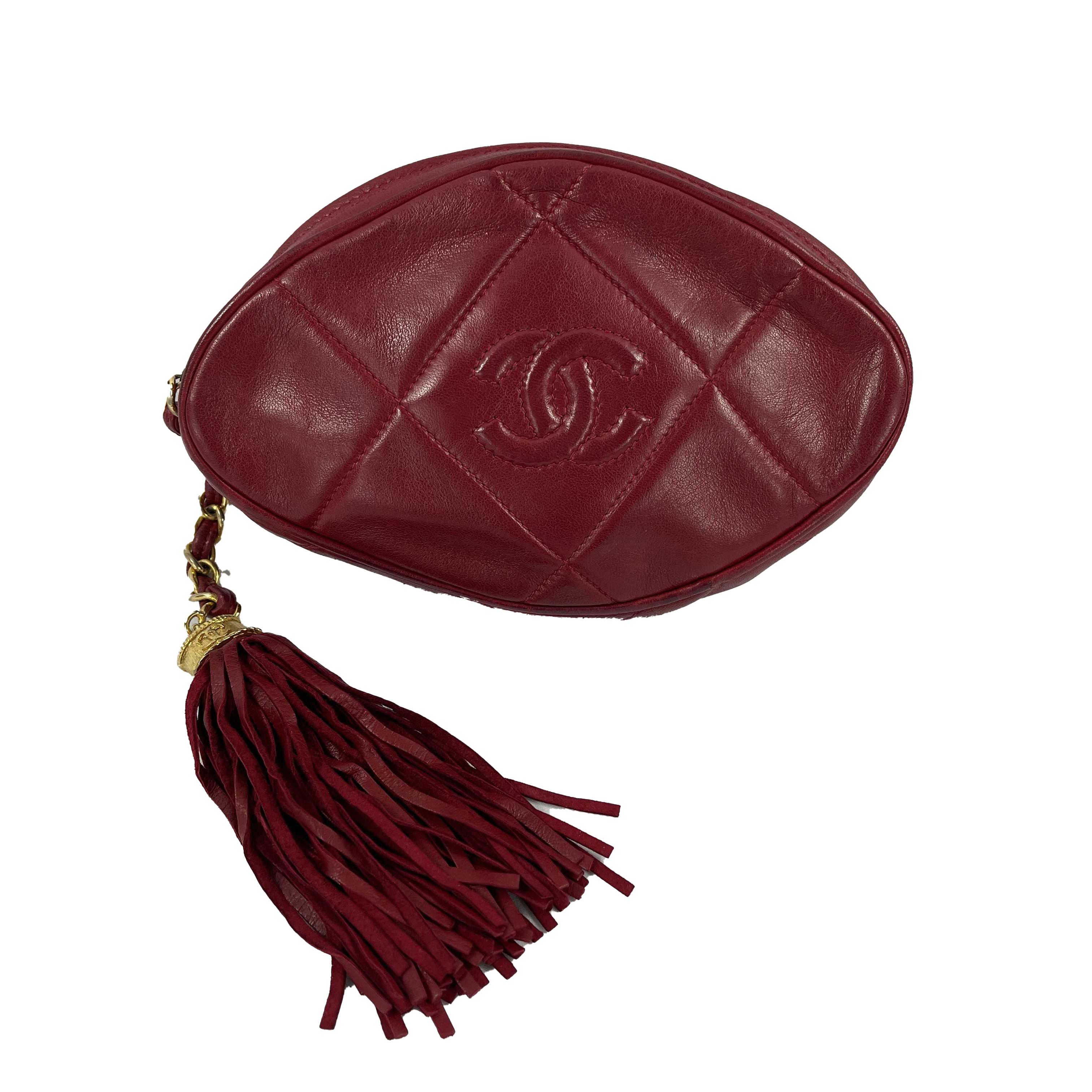CHANEL Vintage Quilted Leather CC Oval Red / Gold Tassel Clutch 3