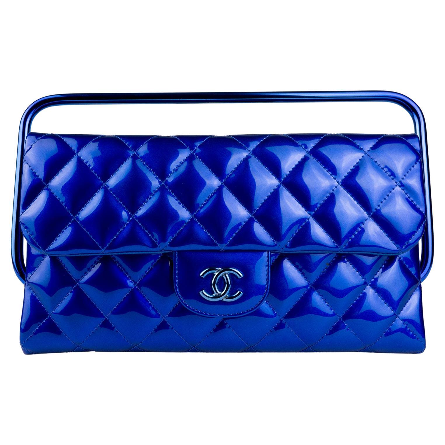Chanel Vintage Quilted Retractable Frame Clutch Electric Blue Patent Leather Bag