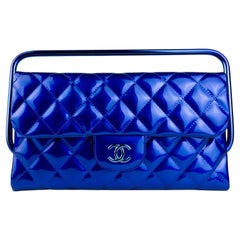 Chanel Vintage Quilted Retractable Frame Clutch Electric Blue Patent Leather Bag