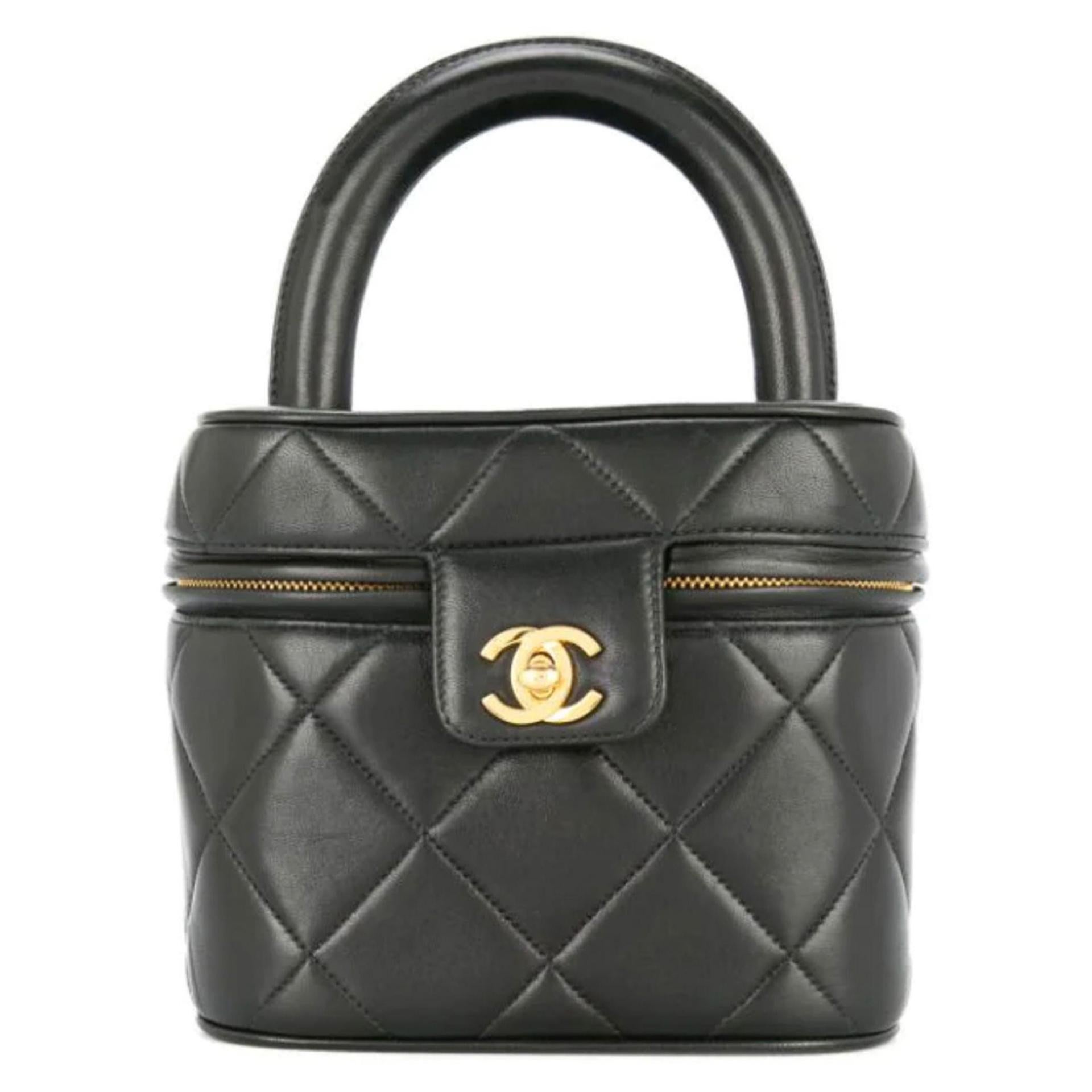 Chanel Vintage Quilted Top Handle Black Cosmetic & Jewelry Hand Bag Vanity