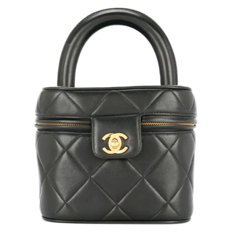1990s Chanel Vintage Quilted Top Handle Black Cosmetic and Jewelry Hand Bag  Vanity For Sale at 1stDibs