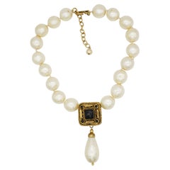 Chanel Vintage Rare 1984 Gripoix Baroque Onyx Large White Pearls Square Necklace