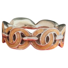 Chanel Vintage Rare 2000 Pink Orange Enamel Whole Logo CC Coco Silver Ring