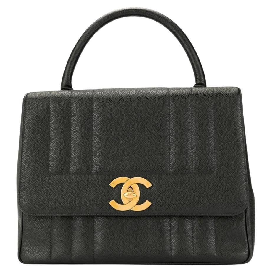 Chanel Vintage Rare Noir Caviar Top Handle Classic Kelly Flap Bag en vente
