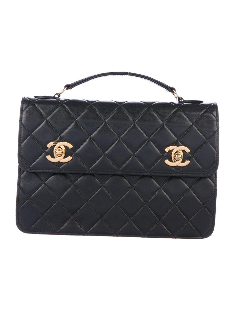 Chanel Vintage Rare Black Quilted Lambskin 2 Turnlock Small Crossbody  Briefcase For Sale at 1stDibs