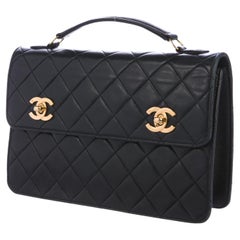 Chanel Vintage Rare Black Quilted Lambskin 2 Turnlock Small Crossbody Briefcase