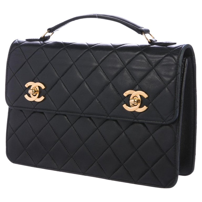 Chanel Vintage Rare Black Quilted Lambskin 2 Turnlock Small Crossbody  Briefcase