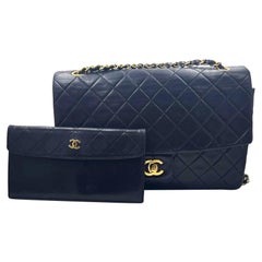 Chanel Vintage RARE Classic Flap Black Wallet Shoulder Bag Set