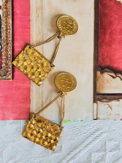 Chanel Vintage Rare Gold 1991 Matelassé Quilted Flap Bag Logo Coin Drop Earrings