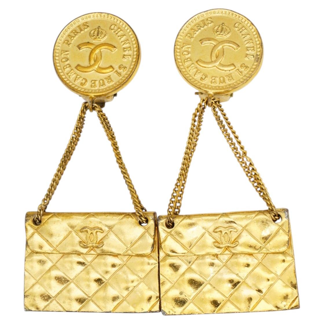 Chanel Vintage Rare Gold 1991 Matelassé Quilted Flap Bag Logo Coin Drop Earrings