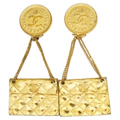 Chanel Vintage Rare Gold 1991 Matelassé Quilted Flap Bag Logo Coin Drop Earrings