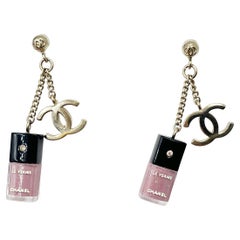 Chanel Vintage Rare Gold CC Pink Nail Polish Piercing Earrings