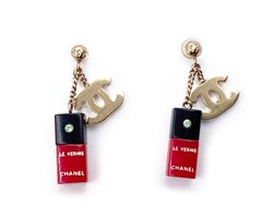 Chanel Vintage Rare Gold CC Red Nail Polish Piercing Earrings