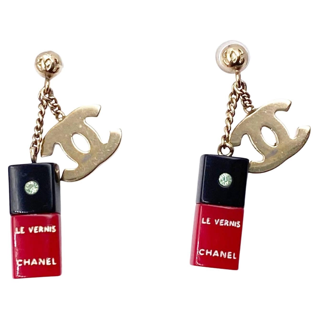 Chanel Vintage Rare Gold CC Red Nail Polish Piercing Earrings