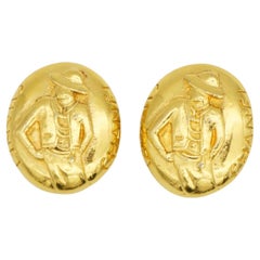 Chanel Vintage Rare Gold Mademoiselle Lady Women Double Logo Coco Oval Earrings