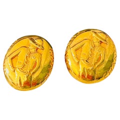 Chanel Vintage Rare Gold Mademoiselle Lady Women Double Logo Coco Oval Earrings
